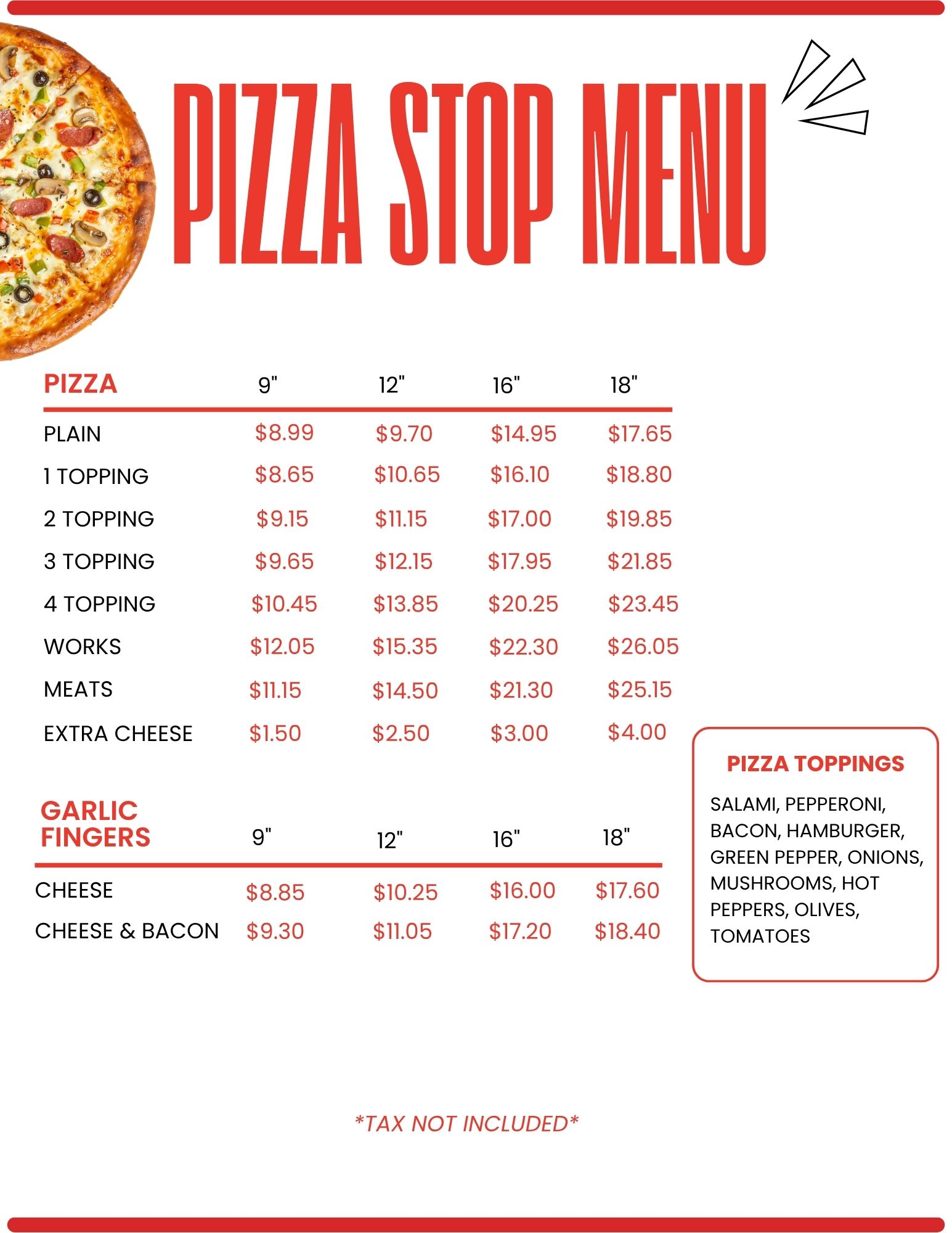 Pizza Stop menu from Sussex showing garlic fingers, build-your-own pizza options, and available toppings.